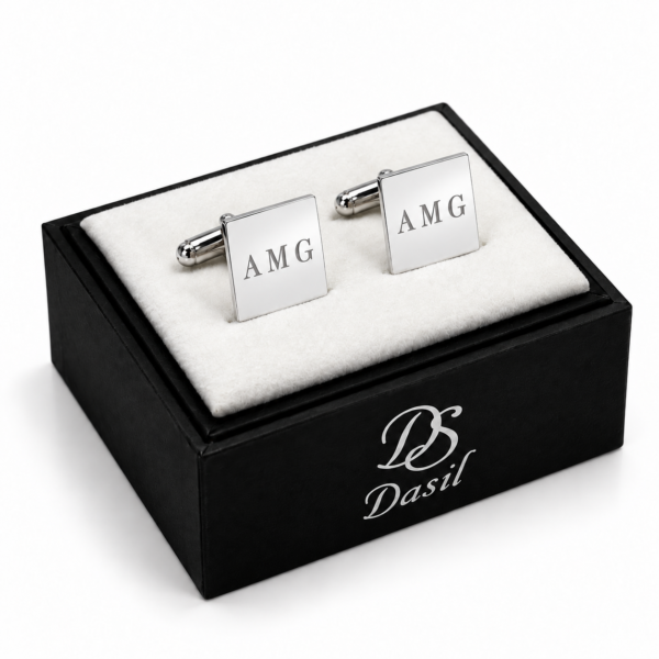 Gemelos cuadrados de plata personalizados — presentación en caja Dasil
