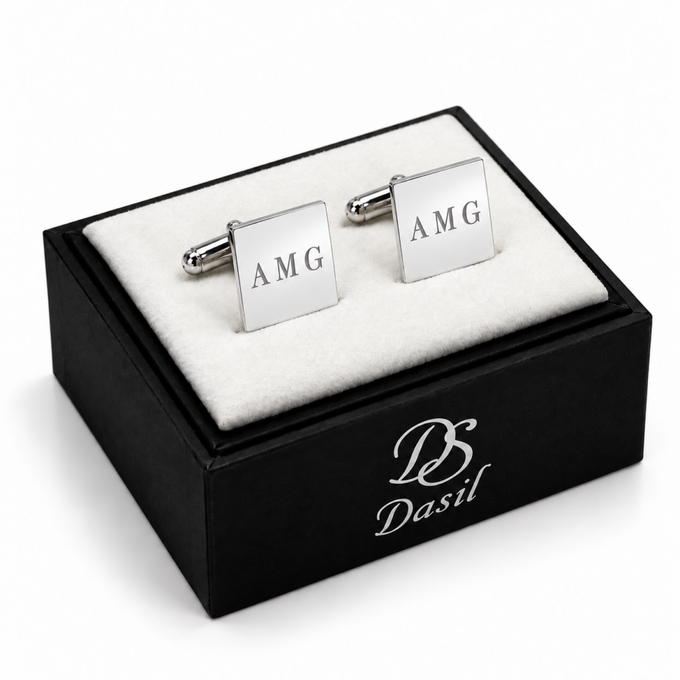 Gemelos cuadrados de plata personalizados — presentación en caja Dasil