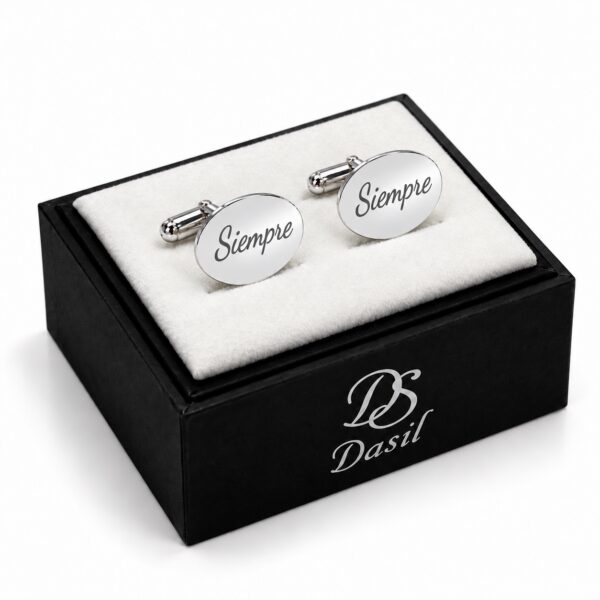 Gemelos ovalados de plata personalizados — presentación en caja Dasil