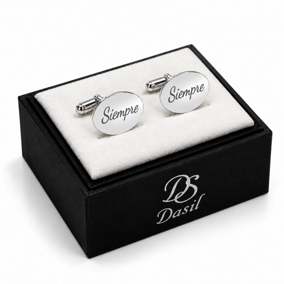 Gemelos ovalados de plata personalizados — presentación en caja Dasil