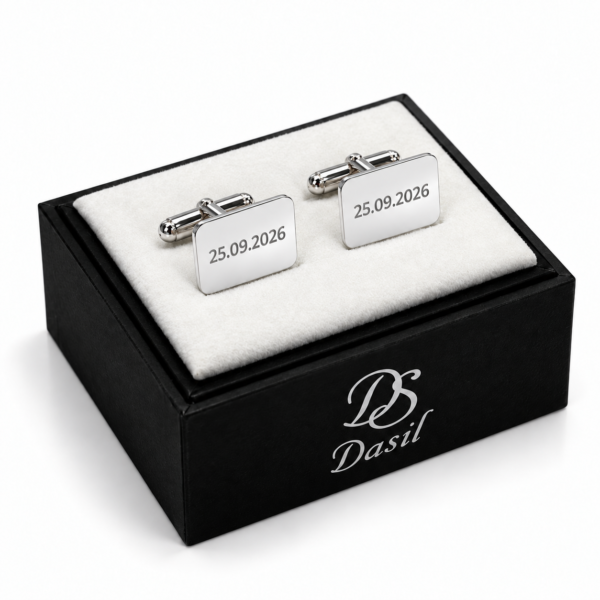 Gemelos rectangulares con bordes redondeados de plata personalizados — presentación en caja Dasil