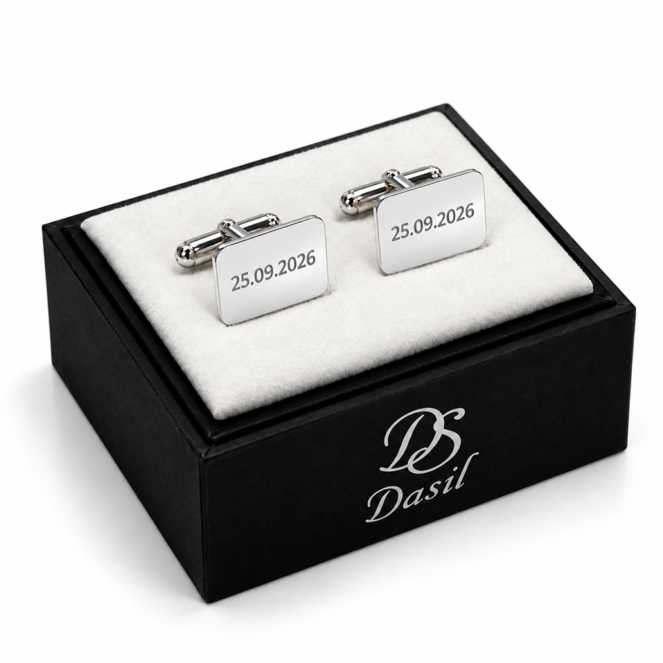 Gemelos rectangulares con bordes redondeados de plata personalizados — presentación en caja Dasil