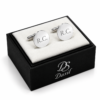 Gemelos redondos de plata personalizados — presentación en caja Dasil