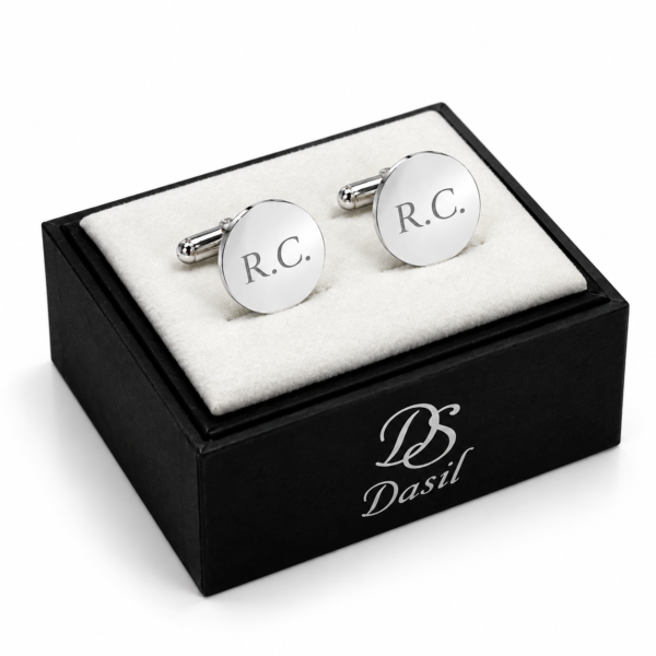 Gemelos redondos de plata personalizados — presentación en caja Dasil
