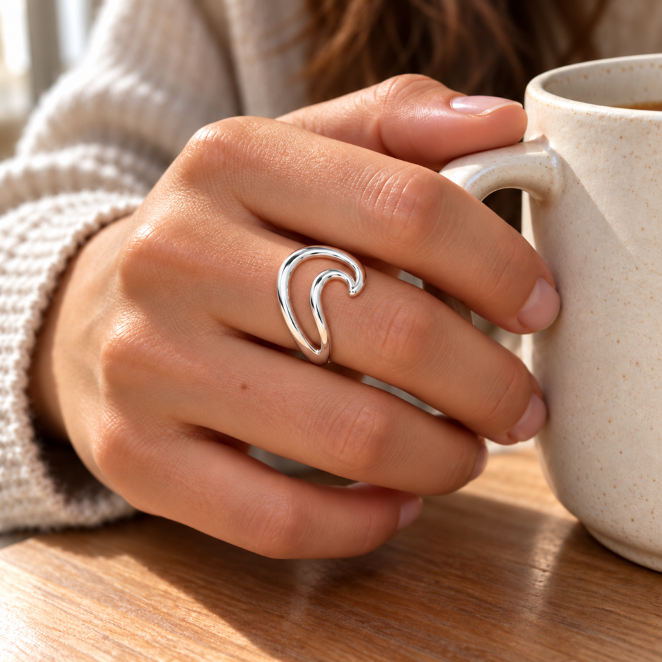 Anillo de plata de ley con forma de ola puesto en una mano, banda continua de plata pulida