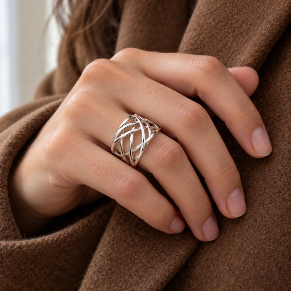 Anillo de cinco hilos cruzados de plata de ley 925 puesto en la mano
