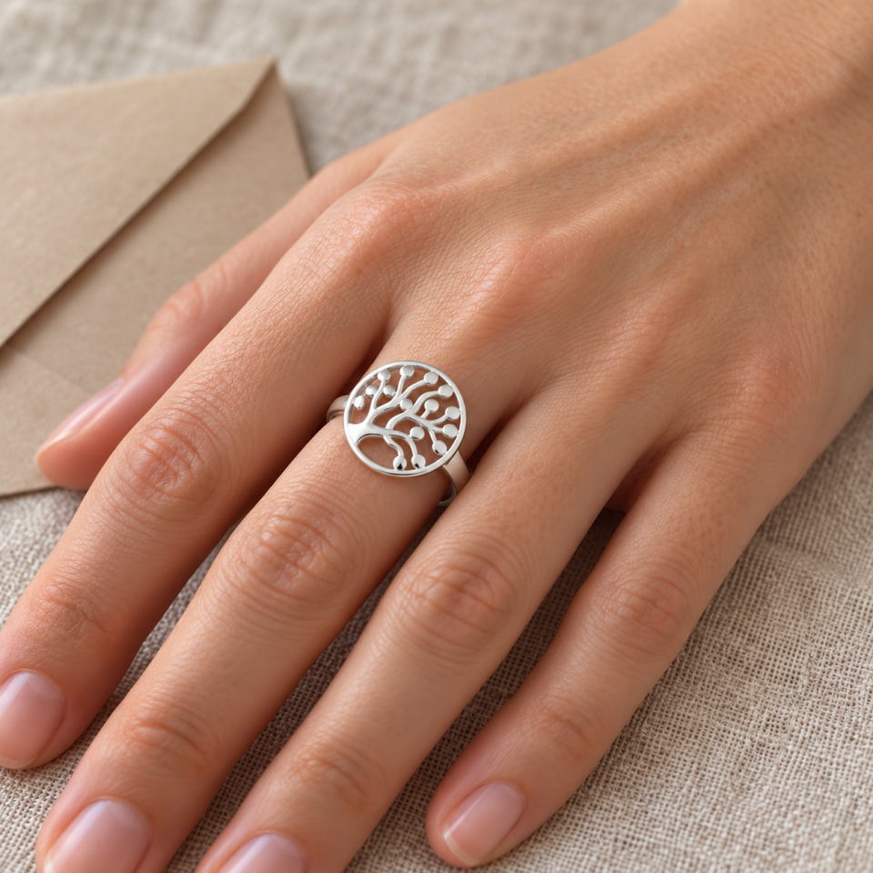 Anillo árbol de la vida de plata de ley 925 puesto en una mano, sin defectos en el motivo