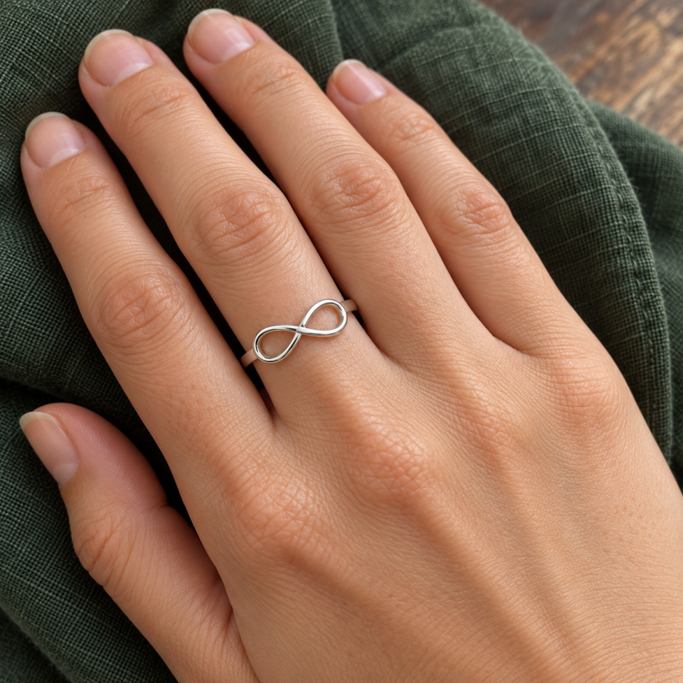Anillo infinito de 15 mm de plata de ley 925 puesto en una mano