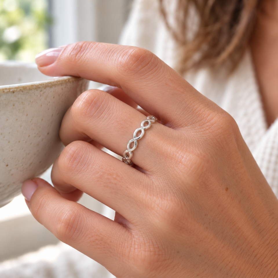 Anillo infinitos enlazados de plata de ley 925 puesto en una mano