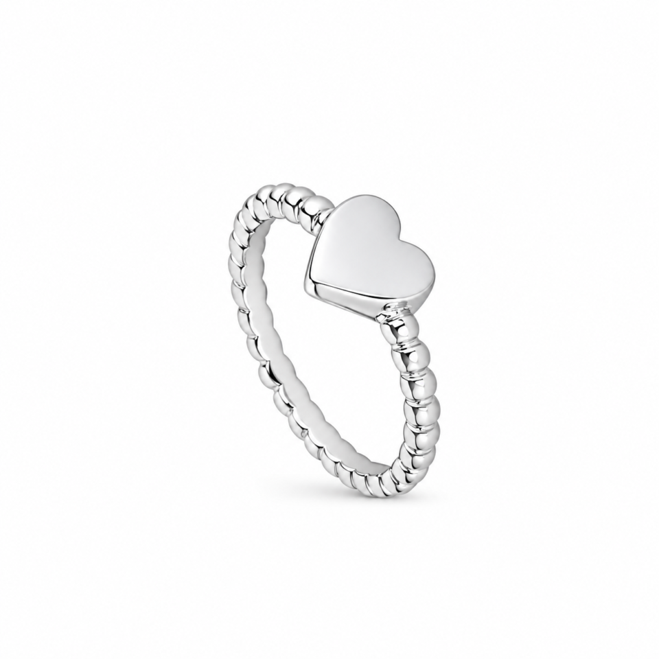 Anillo corazón y aro de bolitas de plata de ley 925, fotografía de catálogo