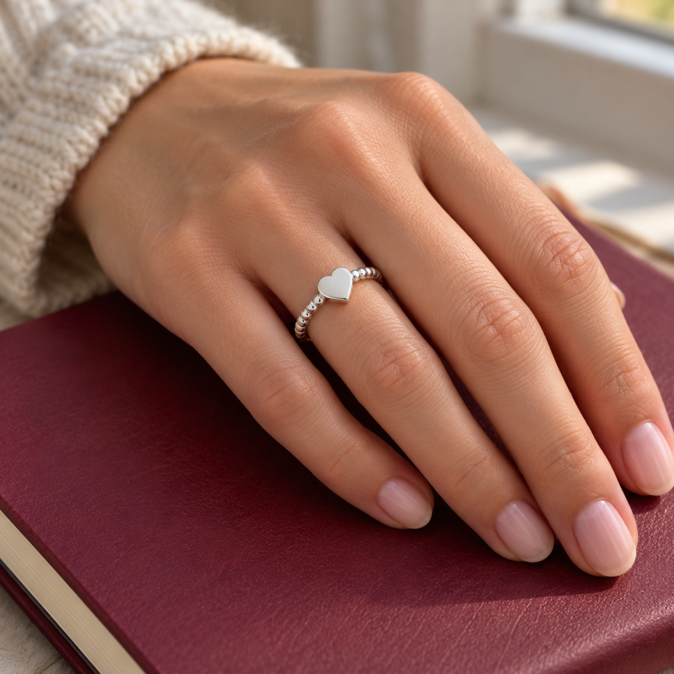 Anillo corazón y aro de bolitas de plata de ley 925 puesto en una mano