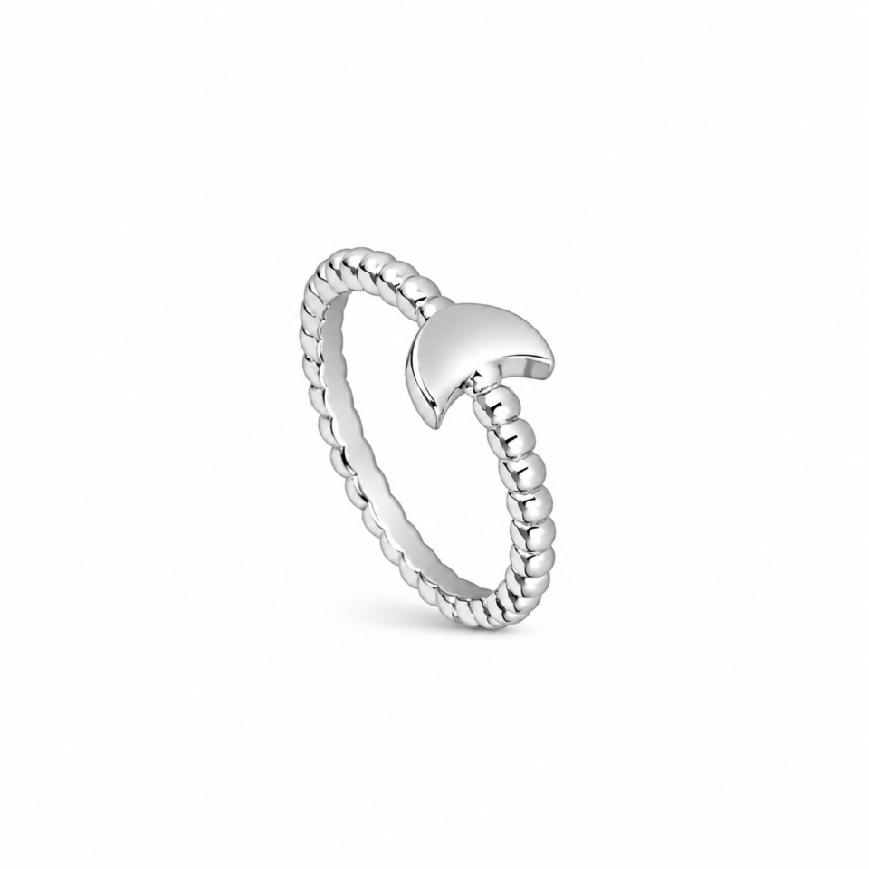 Anillo luna y aro de bolitas de plata de ley 925, fotografía de catálogo