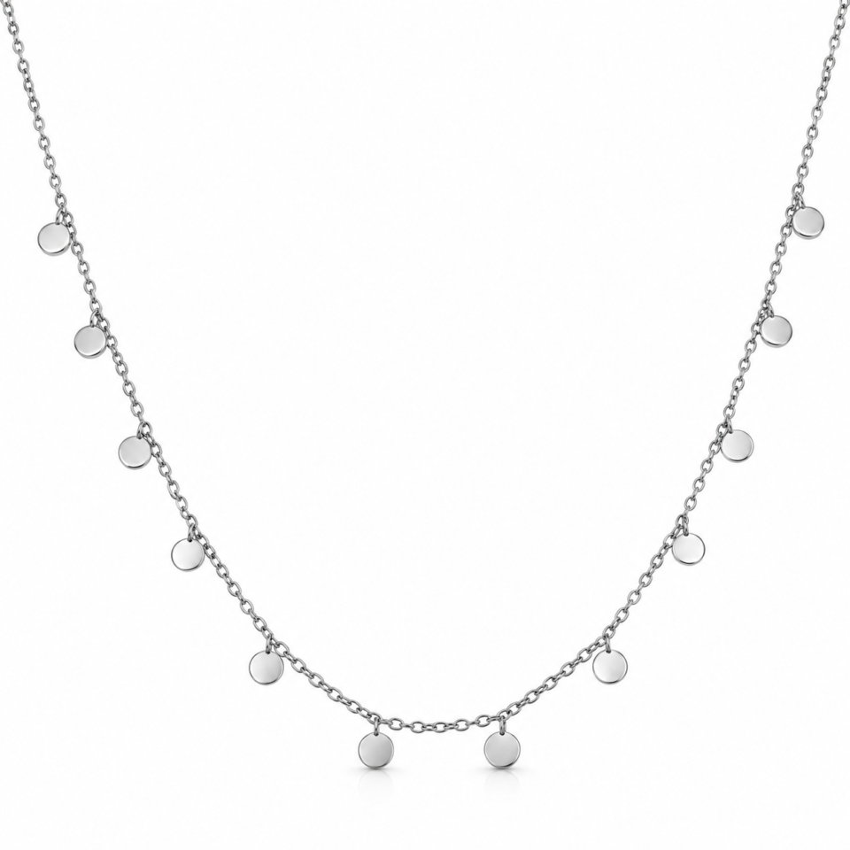 Collar de plata de ley 925 con doce chapas redondas lisas, foto de catálogo
