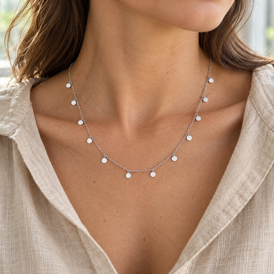 Modelo con collar de plata de ley 925 y doce pequeñas chapas lisas