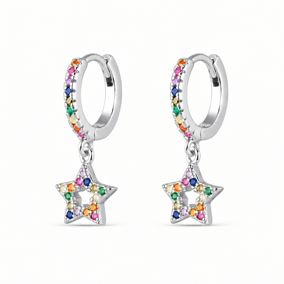 Pendientes de aro de plata 925 con circonitas multicolores y estrella colgante · PE013-0045