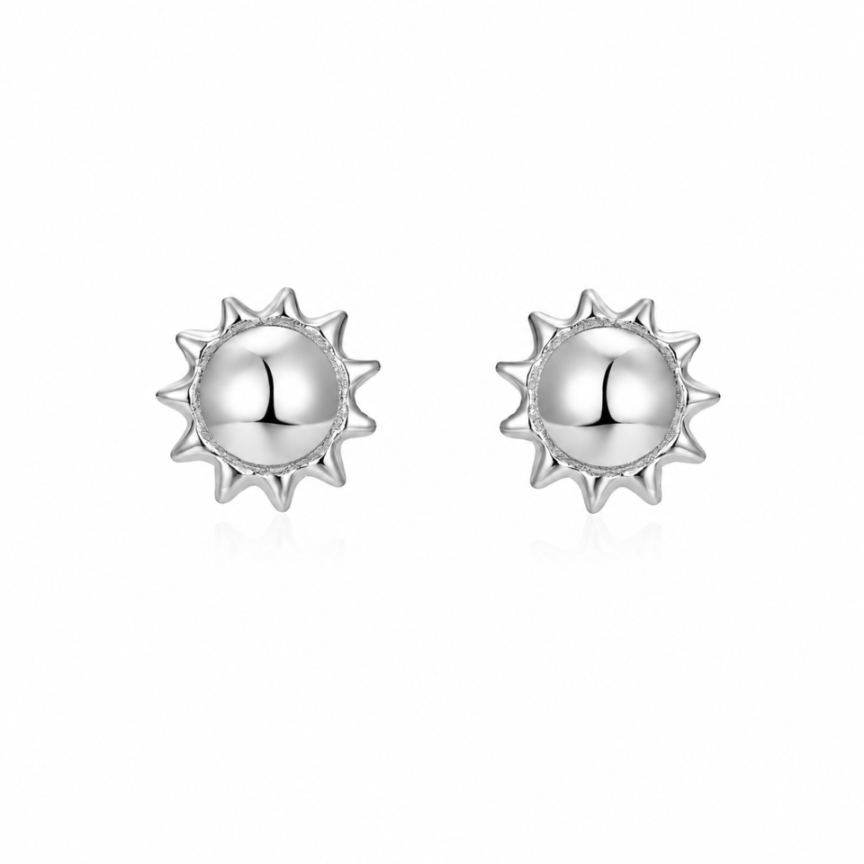Par de pendientes de sol de plata de ley 925 con centro pulido y rayos · PE021-0010