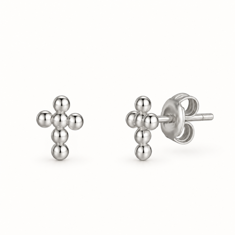 Par de pendientes cruz de seis bolitas lisas de plata 925 · PE021-0017