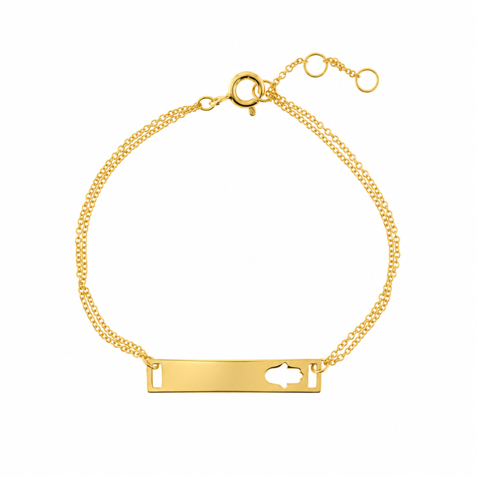 Pulsera dorada de plata 925 con placa y mano de Fátima calada, fotografía de catálogo