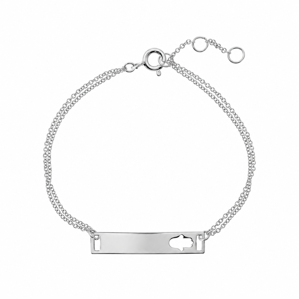 Pulsera rodiada de plata 925 con placa y mano de Fátima calada, fotografía de catálogo