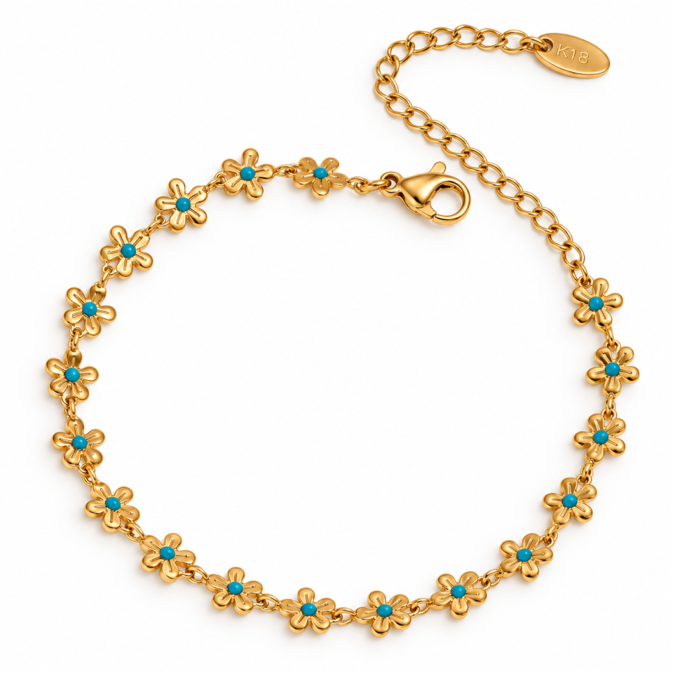 Pulsera de flores doradas con centros turquesa en acero inoxidable, vista de producto